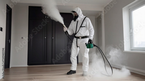 Pest control exterminator worker spraying pest in apartment photo