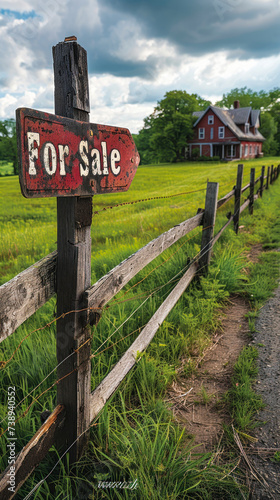 Rural landscape with a For Sale sign on a wooden fence leading to a country house, depicting real estate opportunities in countryside settings