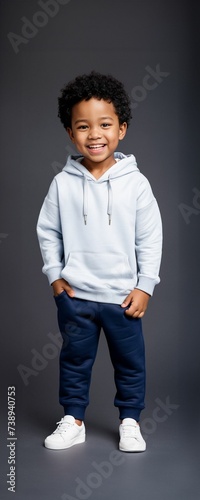 A child model wearing a blank plain hoodie in a studio shot, perfect for mockups or designing custom hoddies as templates