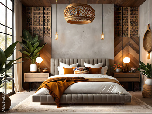 Boho Bedroom Haven - Wood & Concrete Meld in Free-Spirited Modern Style
