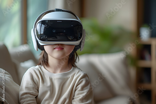 A kid wearing VR goggles at school. 