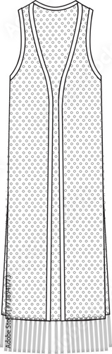 Women's Fringe Hem, Long Line Crochet Vest. Technical fashion vest illustration. Front, white color. Women's CAD mock-up.