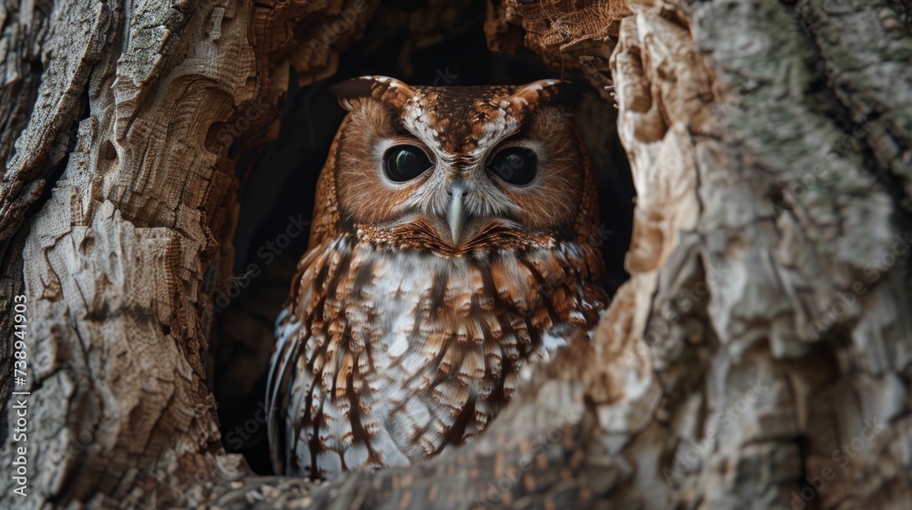 In the heart of a forest, an owl finds comfort nestled in a warm and cozy tree hollow.
In the heart of a forest, an owl finds comfort nestled in a warm and cozy tree hollow.