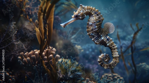 A seahorse grips the swaying coral reef, moving gracefully with the gentle ocean currents. 