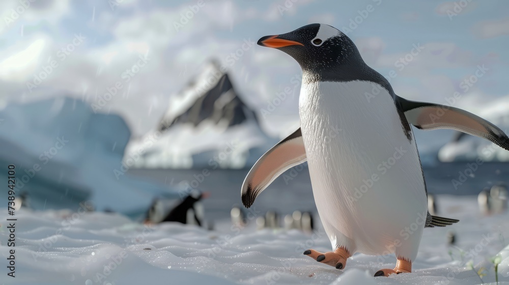 Obraz premium Amidst the vast expanse of snow and ice, a penguin waddles with grace and agility across the Antarctic landscape, a symbol of resilience and adaptability in the harsh environment. 