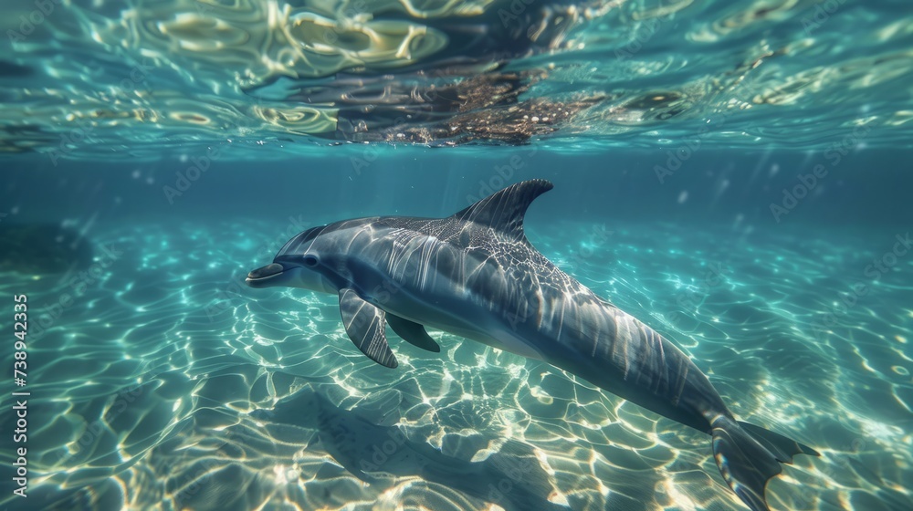 Naklejka premium Amidst the transparent ocean, a dolphin glides gracefully, its streamlined body reflecting the sunlight. 