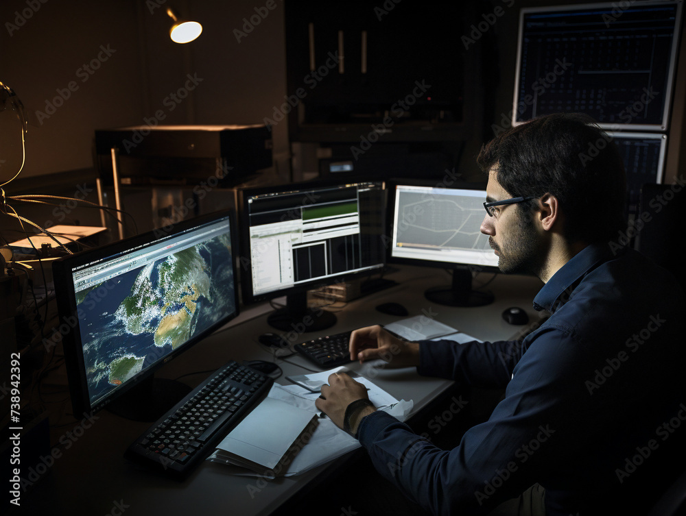 A focused space engineer using computer screens to analyze telemetry data for mission success.