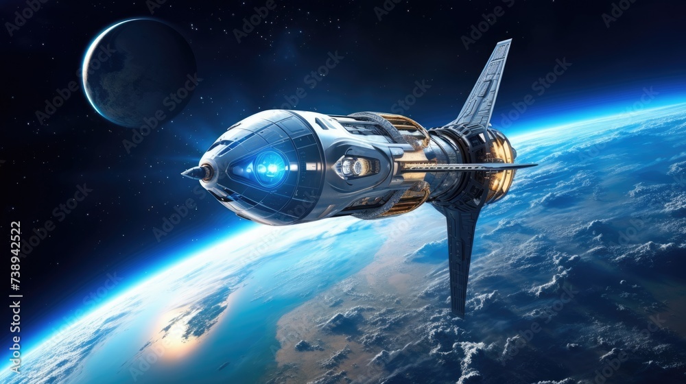 Naklejka premium Spaceship for Futuristic Space Tourism around Earth and Moon - 3D Rendering with Elements