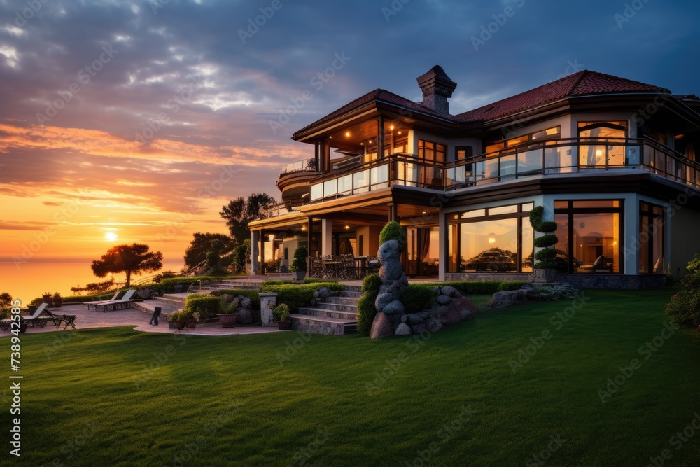 Luxury House at Sunset: Expensive Architecture in Vibrant Summer Colors with Lush Garden Greenery.