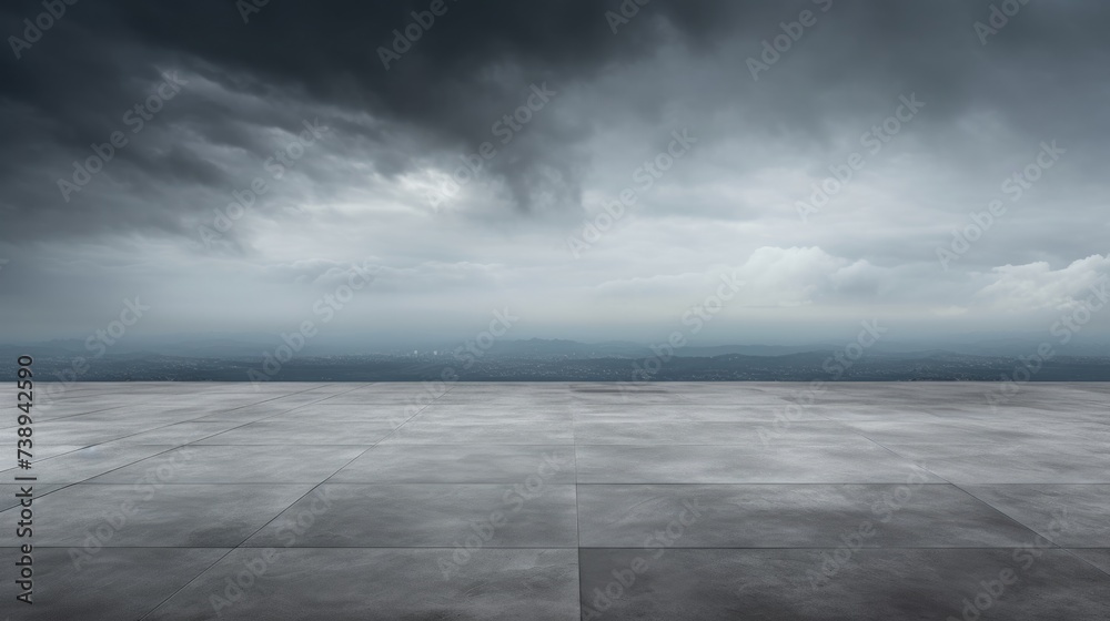 Stormy Gray Sky and Concrete Floor. Dark Background with Dramatic Empty Horizon and Scenery of Grey