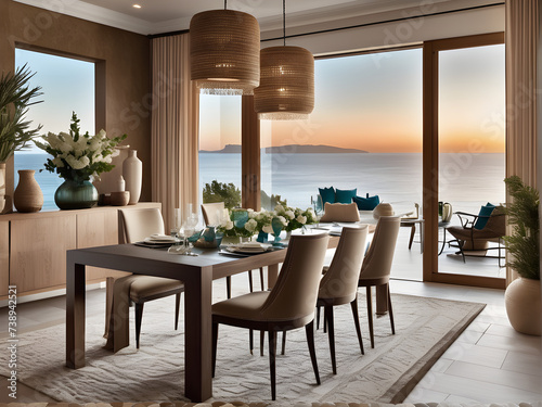 Enchanting Mediterranean Interior Design: Modern Dining Room in Seaside Villa with Breathtaking View