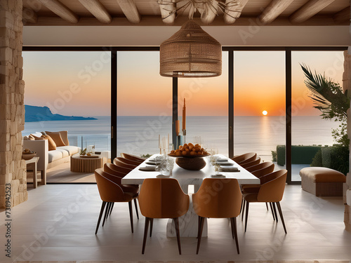 Enchanting Mediterranean Interior Design of a Modern Dining Room in a Seaside Villa with Breathtaking View

