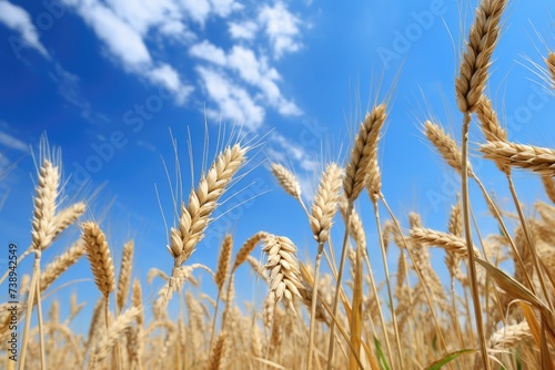 Looking Up at the Heads of a Wheat Crop Against a Beautiful Blue Sky in a Rural Farming Landscape.