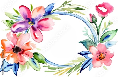 Watercolor flowers for postcard, decorative wreath of leaves.