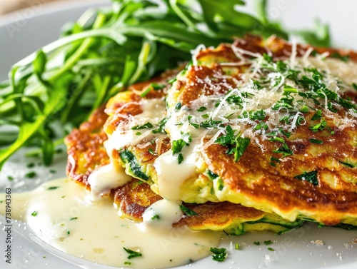 Zucchini Pancakes with Cheese Sauce  Delicious Courgette Fritters  Vegetable Patty with Arugula