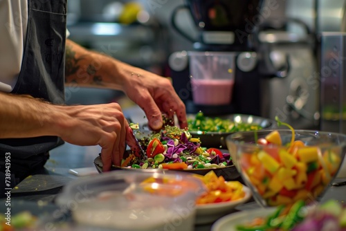 A chef with tattooed arms carefully adds the finishing touches to a vibrant salad, highlighting the colorful ingredients and culinary passion in a bustling kitchen environment