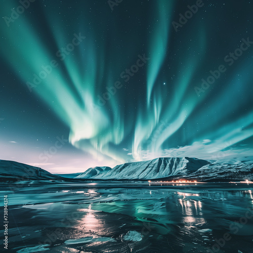 Majestic Aurora Borealis Over Snowy Mountain Landscape