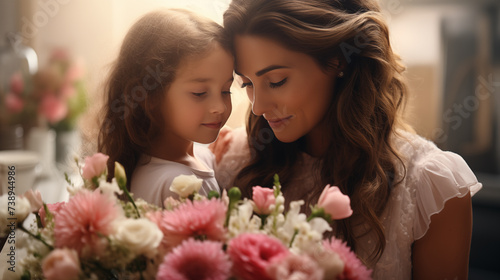 Mother and daughter share a quiet moment surrounded by the soft glow of window light and fresh pink flowers