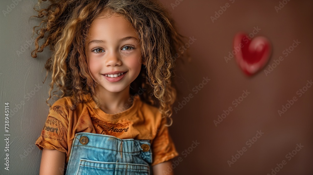 Pięcioletnia dziewczynka o mieszanej etniczności, z kręconymi włosami stoi obok brązowej ściany z bluzką z napisem serce - obrazy, fototapety, plakaty 