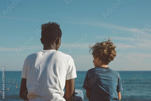 black father in a white t shirt and his son sitting by the ocean