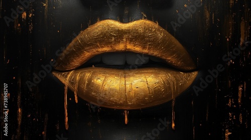 Złote usta pokryte kapaniem złotej farby.