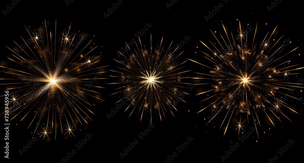 set of fireworks on black background with golden sparkles