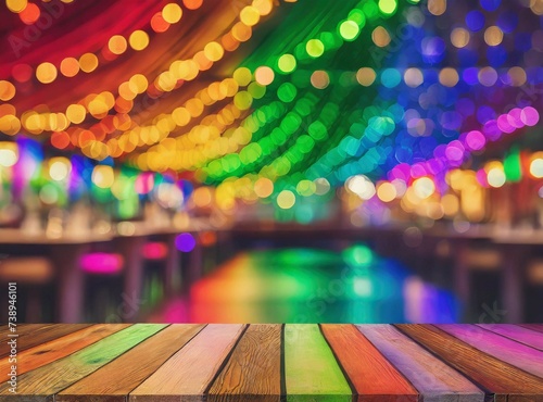 Miami bar background with empty wooden table for product display indoor blurred background colorful rainbow color bokeh lights copy space LGBT pride rainbow flag symbol gays and lesbians LGBT