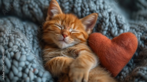 Pomarańczowy kociak śpiący na górze niebieskiego kocyka obok serduszka © Artur