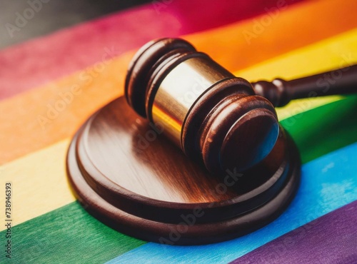 LGBT Rights concept. Rights of gay, lesbian, transsexual, nonbinary community. Judge\'s gavel on LGBT Flag. Justice, Equity and Law in order to defend the rights of the sexual and gender diversity.