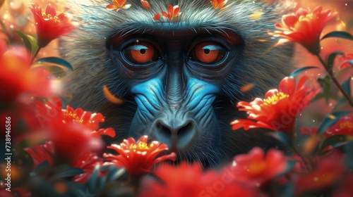 Małpa otoczona czerwonymi kwiatami w dżungli.