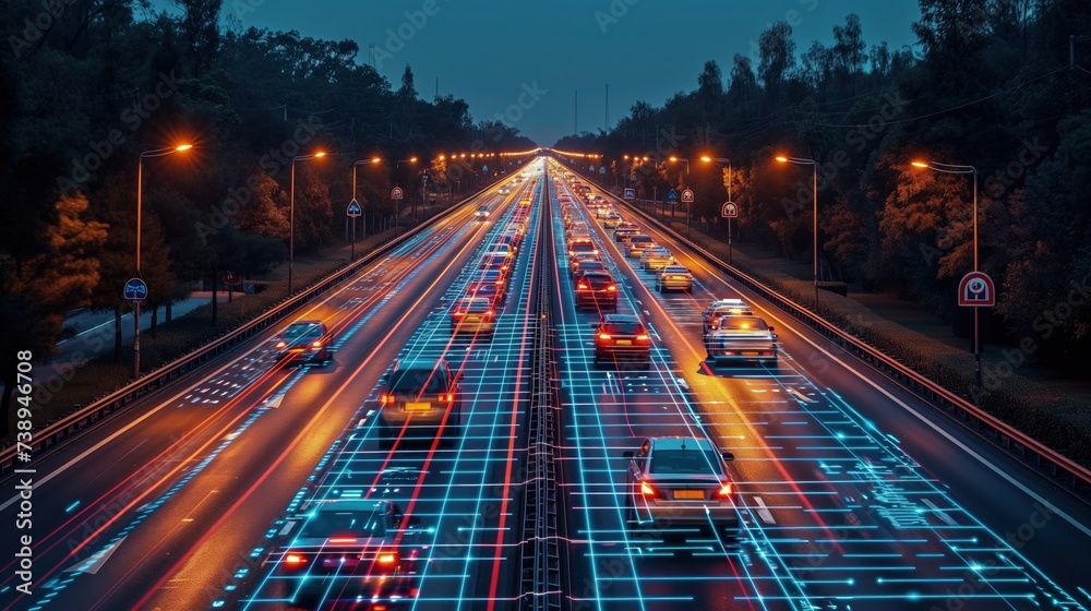 Foto przedstawia analizę ruchu  pojazdów na autostradzie w nocy - obrazy, fototapety, plakaty 