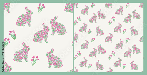 Samless pattern with rabbits and tulips. Watercolor style for kids textile. Easter mood