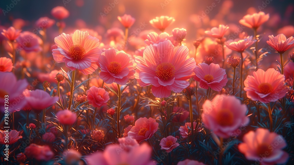 Zdjęcie przedstawia pole różowych kwiatów z słońcem w tle. - obrazy, fototapety, plakaty 