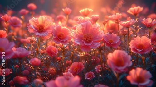 Zdjęcie przedstawia pole różowych kwiatów z słońcem w tle.