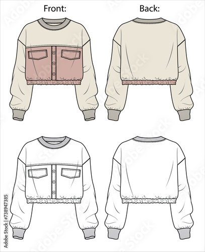 Vector woman sweatshirt fashion CAD, long sleeved hooded sweatshirt with buttons, pocket technical drawing, template, sketch, flat. Fleece or woven fabric sweatshirt with front, back view, white color