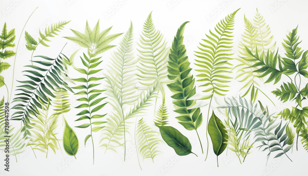 A collection of tropical ferns with intricate leaf isolated, white background
