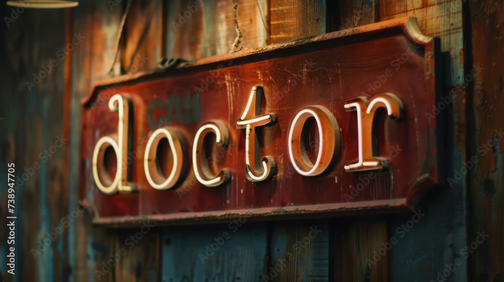 Fototapeta premium Vintage Neon Doctor Sign on Rustic Wood, text saying 