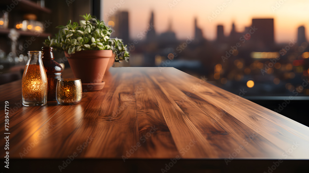 Fototapeta premium Beautiful empty brown wooden table top and blurred defocused modern kitchen interior background with daylight flare, product montage display