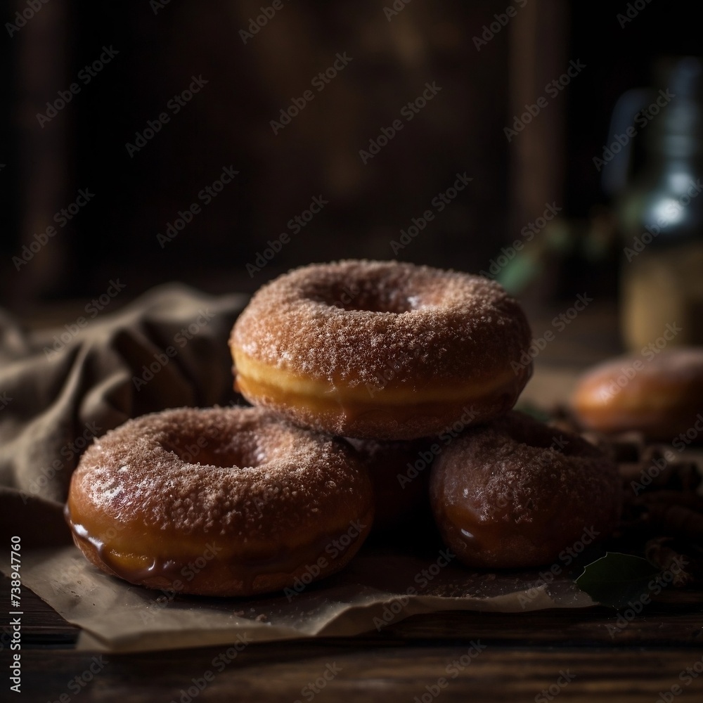 Glazed Doughnuts with Powdered Sugar on Wooden Surface

