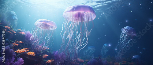 A mesmerizing underwater landscape featuring ethereal jellyfish floating gracefully in the depths.