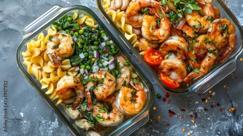 mediterranean meal prep food with shrimps, chicken, pasta, greens, bean, food photography, 16:9