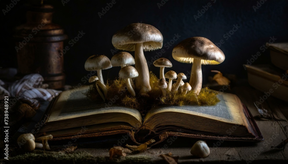 Mushrooms growing on an old book. Still life. Mushrooms growing on an old book. Still life.