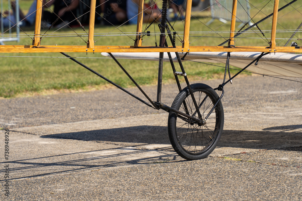 A replica of the landing gear of a Bleriot XI aircraft from the history of aviation