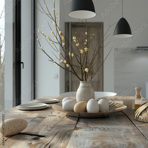 Modern & minimalistic easter table decoration in wam and earthy colors with copy space photo