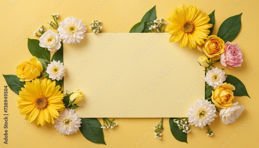 A banner of flowers on a yellow background for a greeting card template for a wedding or a women's holiday. A composition with space for its own text.