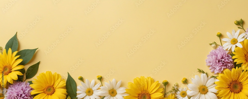 A banner of flowers on a yellow background for a greeting card template for a wedding or a women's holiday. A composition with space for its own text. A banner of flowers on a yellow background for a greeting card template for a wedding or a women's holiday. A composition with space for its own text.