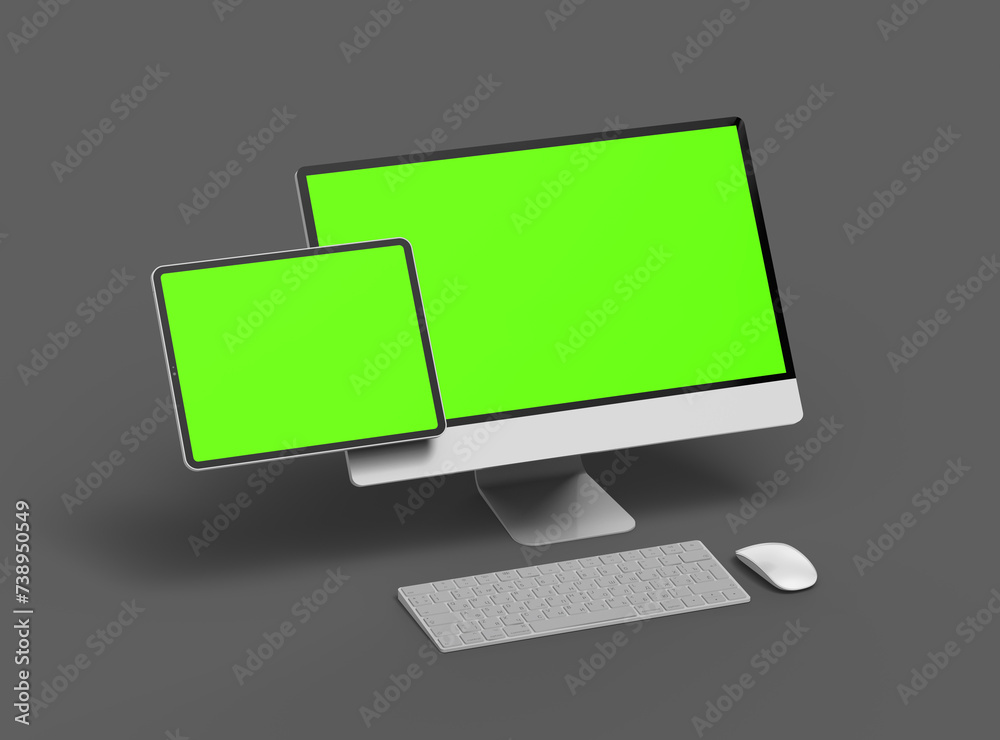 3d renderof a desktop computer and tablet with a green screen on a dark background. 3d renderof a desktop computer and tablet with a green screen on a dark background.
