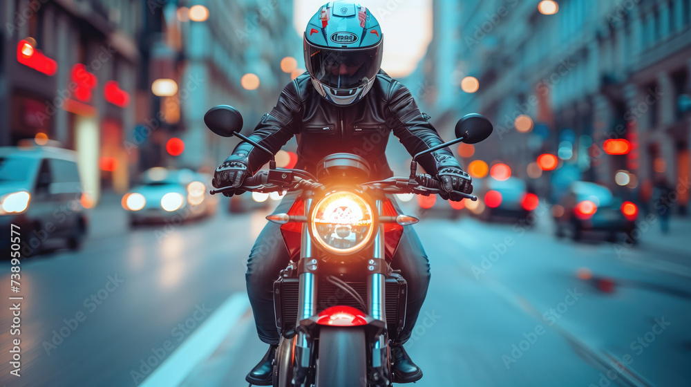 Motorcyclist riding through city traffic at twilight with headlights on. Motorcyclist riding through city traffic at twilight with headlights on.