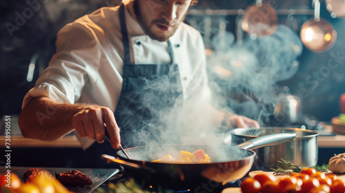 Chef sautéing food in a frying pan with steam rising in a restaurant kitchen.