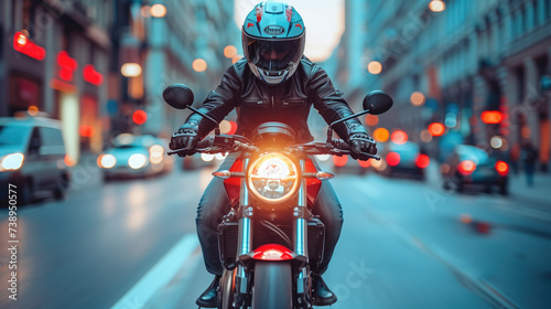 Motorcyclist riding through city traffic at twilight with headlights on. © Александр Марченко